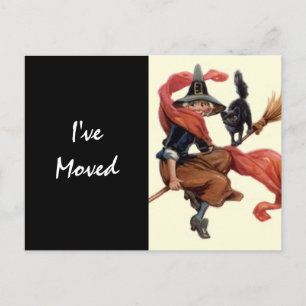 Postkarte Vintage Hexe auf Besen Umgezogen Neue Ad
