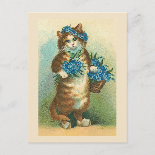 Postkarte "Vintage Katze mit Vergessenmeinungen" (Vorderseite)