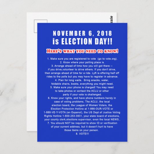 Postkarten für die Wähler CHECKLIST 6. November (Vorne/Hinten)