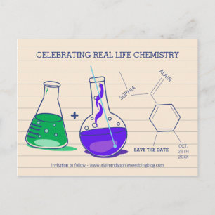 Postkarten für lila und grüne Save the Date Chemie