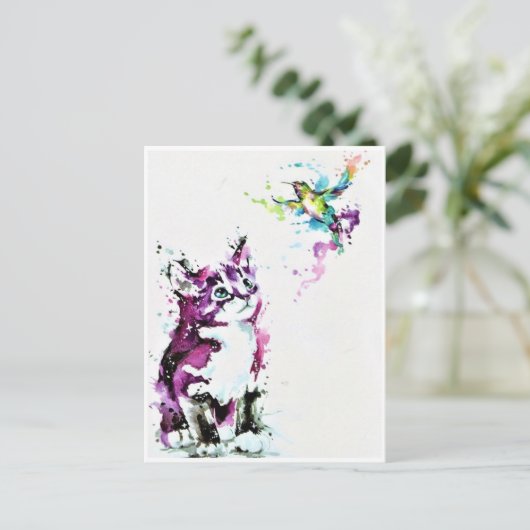 Postkarten - Kitten und Hummingbird (Stehend Vorderseite)