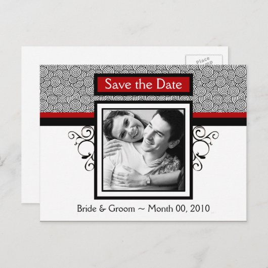 Postkarten mit rotem und schwarzem Save the Date F (Vorne/Hinten)