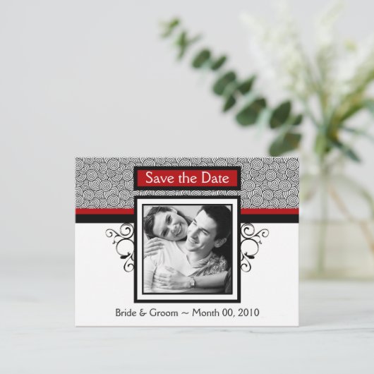 Postkarten mit rotem und schwarzem Save the Date F (Stehend Vorderseite)