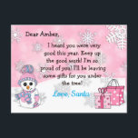Postkarten vom Santa: Niedlicher Schneemann<br><div class="desc">Hübsche Schneeflocken,  niedlicher Schneemann und ein festlicher personalisierter Brief des Weihnachtsmannes. Der Rücken hat einen Ort,  wo Ihr Kind seine Wunschliste schreiben kann.</div>