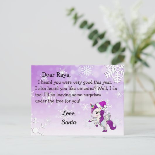 Postkarten vom Weihnachtsmann: Lila Einhorn in Wei (Stehend Vorderseite)