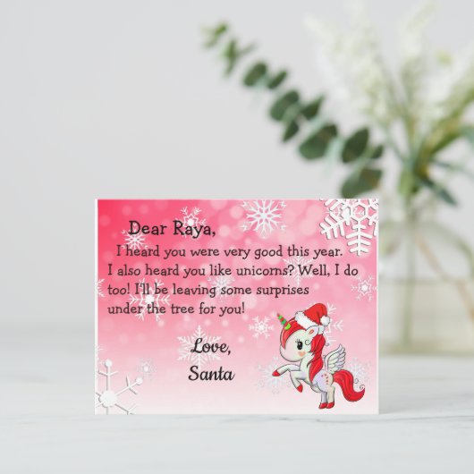 Postkarten vom Weihnachtsmann: Rote Einhorn in Wei (Stehend Vorderseite)