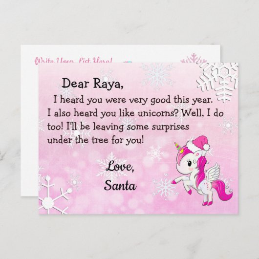 Postkarten vom Weihnachtsmann: Rote Einhorn in Wei (Vorne/Hinten)