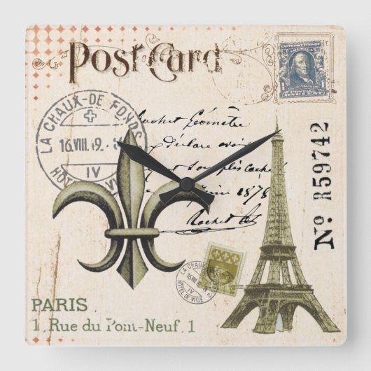 Postkartenuhr Vintag Paris Eiffelturm Quadratische Wanduhr (Vorderseite)