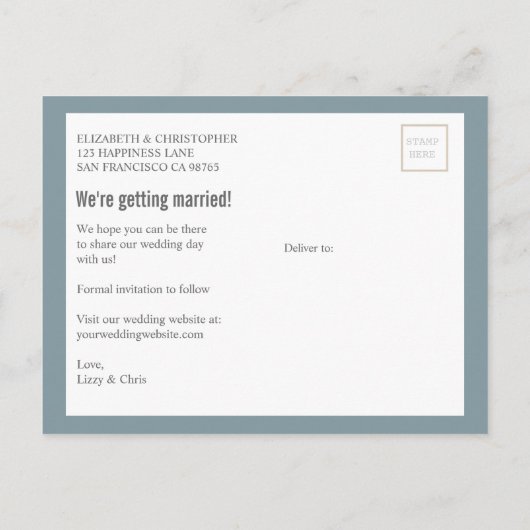 Postmark Wedding Foto Save the Date Postkarte (Rückseite)