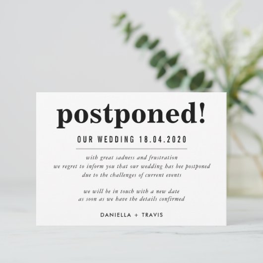 POSTPONED WEDD Ankündigung einfache Informationen (Stehend Vorderseite)