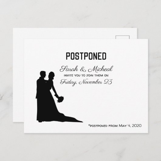 POSTPONED Wedding Date Black and White Silhouette Einladungspostkarte (Vorne/Hinten)