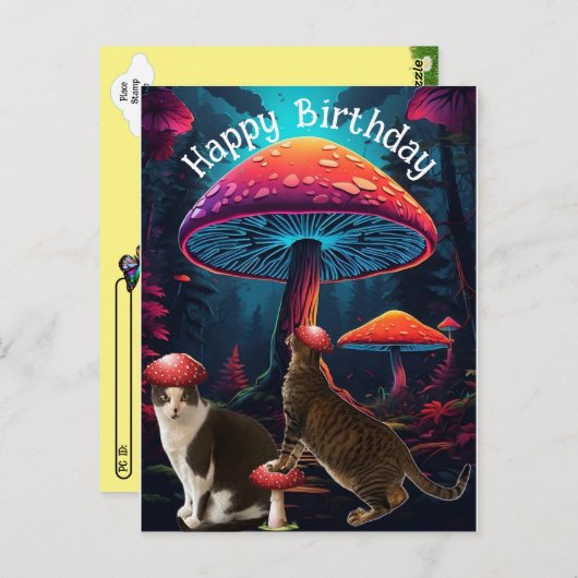 Postüberqueren von Pilzen und Katzen Geburtstag Po Postkarte (Vorne/Hinten)