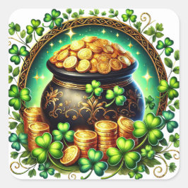 Pot of Gold Green Kleeblatt Illustration Quadratischer Aufkleber
