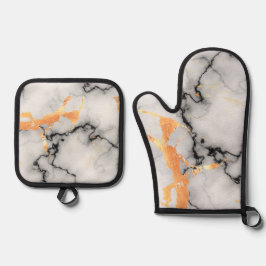 Pothalter aus schwarzem, goldfarbenem und grauem M Ofenhandschuh & Topflappen-Set