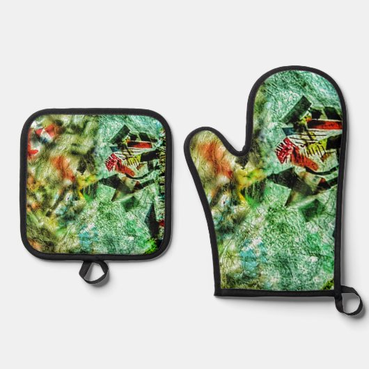 Pothalter und Backofen Mitt weiß abstrakt Ofenhandschuh & Topflappen-Set (Vorderseite)