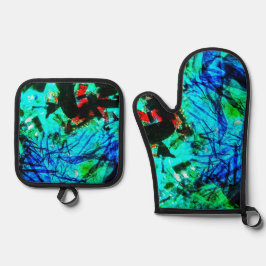 Pothalter und Ofen Mitt blau abstrakt Ofenhandschuh & Topflappen-Set