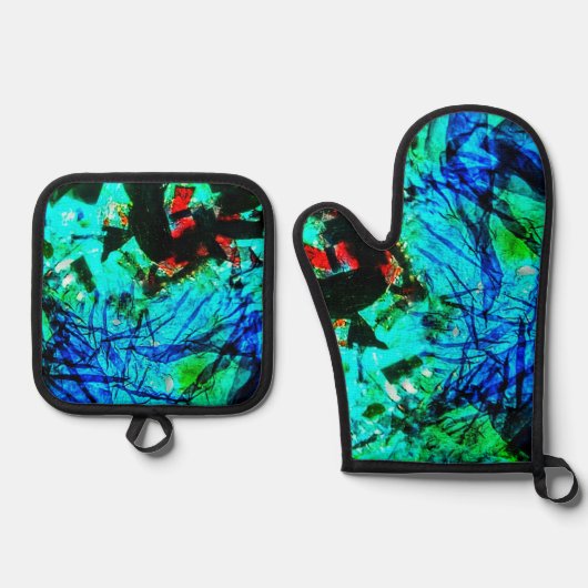 Pothalter und Ofen Mitt blau abstrakt Ofenhandschuh & Topflappen-Set (Vorderseite)