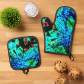 Pothalter und Ofen Mitt blau abstrakt Ofenhandschuh & Topflappen-Set (Oben Unten)
