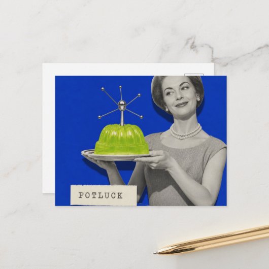 Potluck-Frau Retro-Surreal-Collage Postkarte (Vorderseite/Rückseite Beispiel)