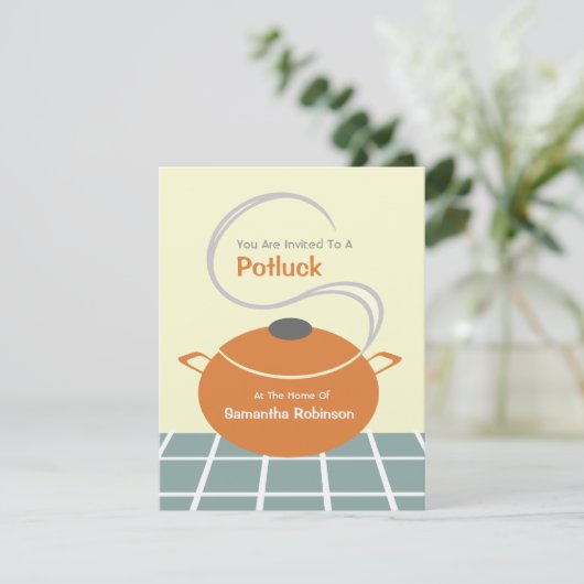 Potluck Invite - Orange & Blue Kitchen Einladung (Stehend Vorderseite)