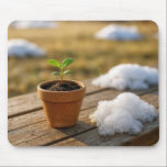 Potted Green Plant with Melting Snow Mousepad<br><div class="desc">A tiny green sapling is growing in a clay pot,  accompanied by a pile of melting snow on a wooden table</div>