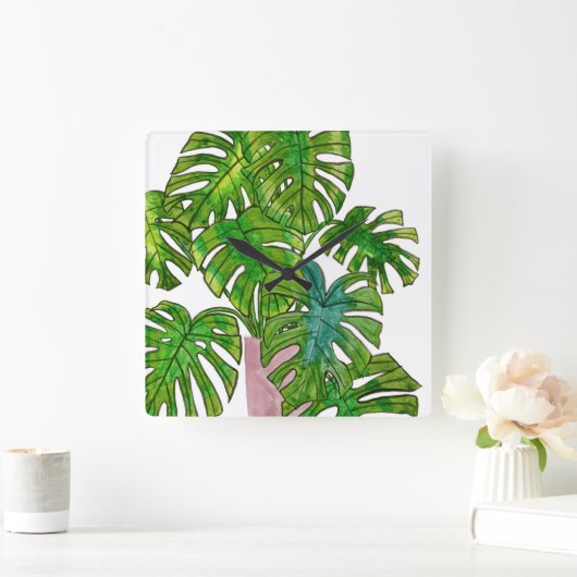 Potted Jungle I Quadratische Wanduhr (Zuhause)