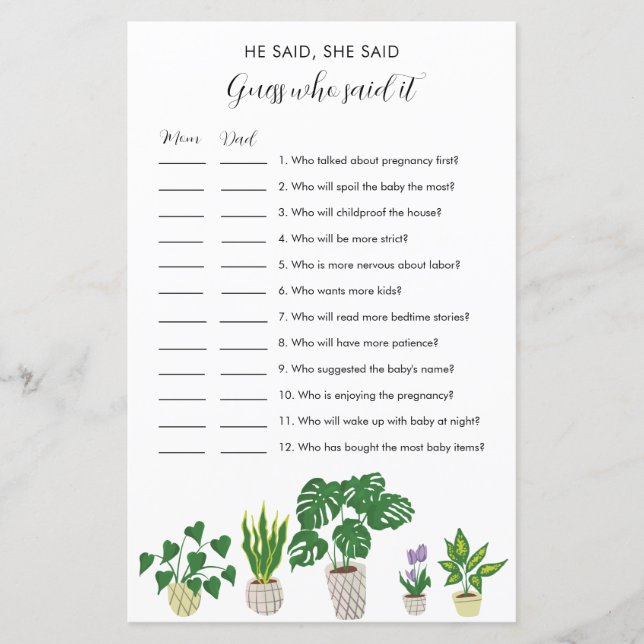 Potted Plants Baby Shower He Said She Said Game (Vorderseite)