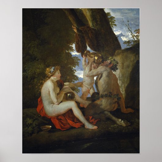 Poussin - Nymph und Satyr trinken Poster (Vorne)