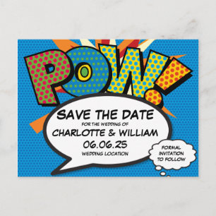 POW Rettet das Datum Lustige Retro-Comic- Pop-Art Ankündigungspostkarte