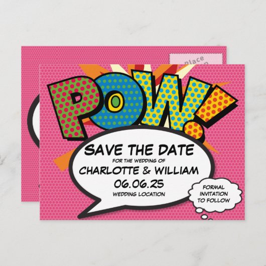 POW Save the Date Spaß Retro Comic Pop Kunst Ankündigungspostkarte (Vorne/Hinten)