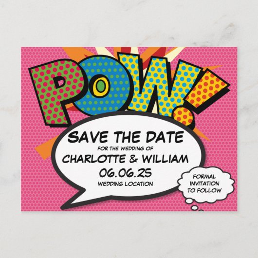 POW Save the Date Spaß Retro Comic Pop Kunst Ankündigungspostkarte (Vorderseite)