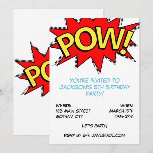 POW! Superhero Comic Book Birthday Party Template Einladung (Vorne/Hinten)