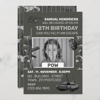 POW, War Themed Esroom, Birthday Party Einladung