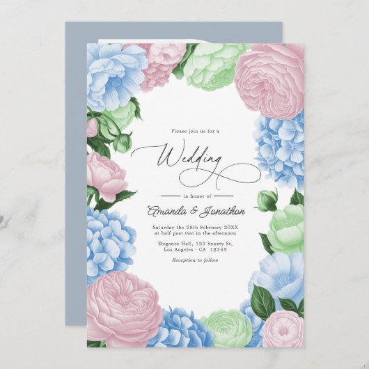 Powder Blue, Blush Pink/Light Sage Floral Wedding Einladung (Vorne/Hinten)