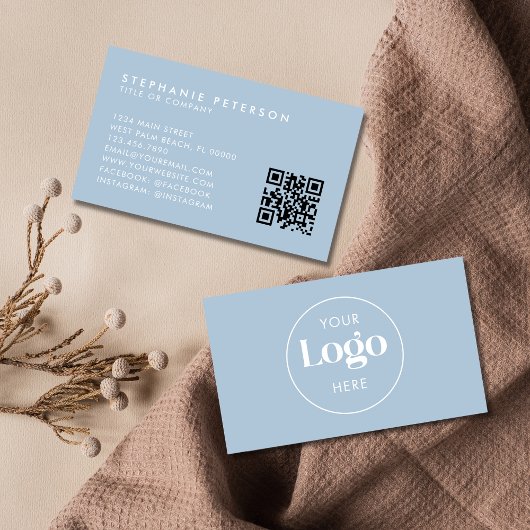 Powder Blue Elegant Custom Company Logo QR Code Visitenkarte