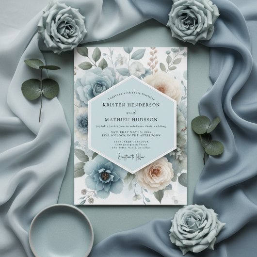 Powder Blue Floral Romance Wedding Einladung