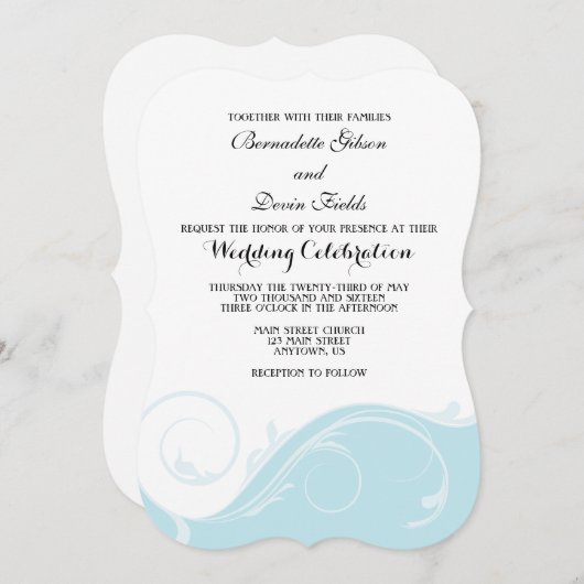 Powder Blue Floral Swirl Bracket Wedites Einladung (Vorne/Hinten)