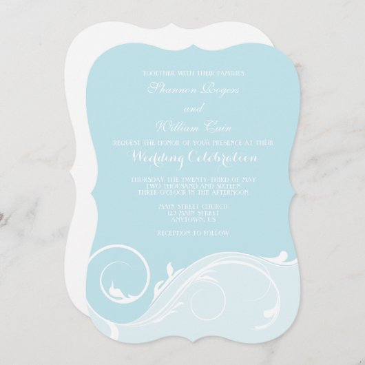 Powder Blue Floral Swirl Bracket Wedites Einladung (Vorne/Hinten)
