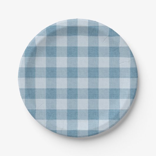 Powder Blue Gingham Buffalo Check Linen Texture Pappteller (Vorderseite)
