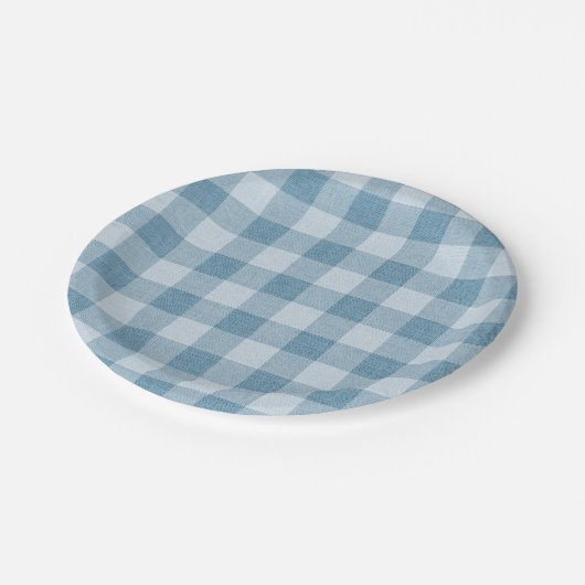 Powder Blue Gingham Buffalo Check Linen Texture Pappteller (Schrägansicht)