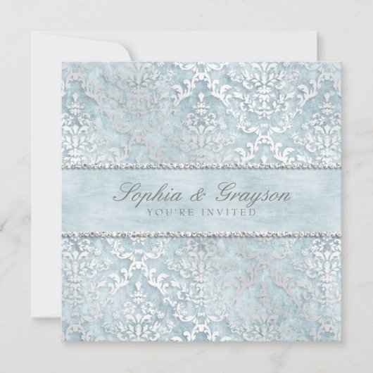 Powder Blue Glimmer Damask Einladung (Vorderseite)