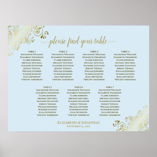 Powder Blue & Gold 7 Table Wedding Chart Poster (Vorne)