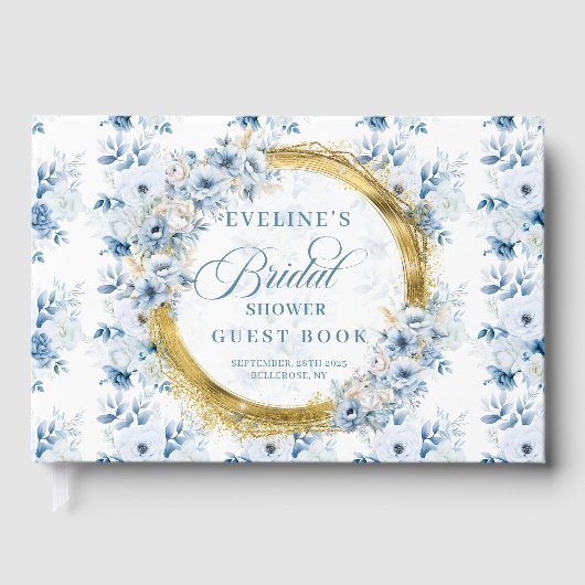 Powder Blue Gold Glitzer Boho Blume Gästebuch (Vorderseite)