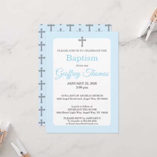 Powder Blue & Gray Cross Watercolor Baptism Einladung (Vorderseite/Rückseite Beispiel)