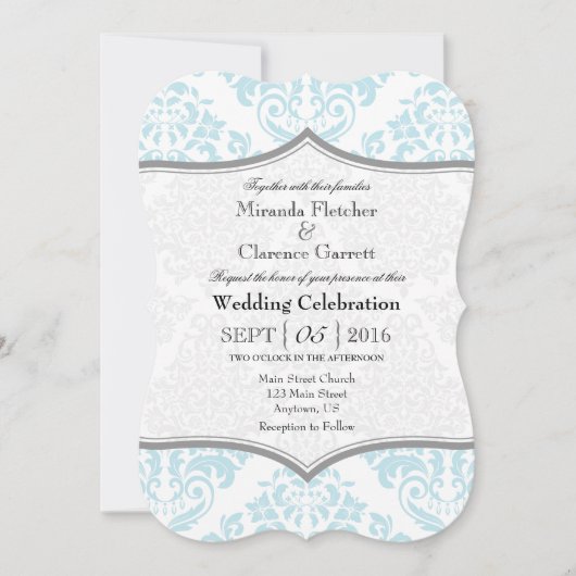Powder Blue Grey Damask Bracket Wedite Einladung (Vorderseite)