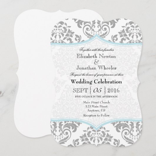Powder Blue Grey Damask Bracket Wedite Einladung (Vorne/Hinten)