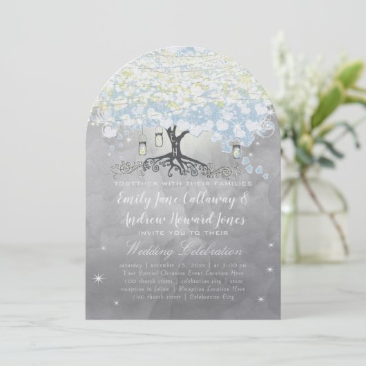Powder Blue Heart Leaf Tree Woodsy Boho Wedding Einladung (Stehend Vorderseite)