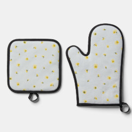 Powder Blue Japanese Yellow Viola Floral Pattern Ofenhandschuh & Topflappen-Set