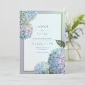 Powder Blue Lavender Hydrangea Gold Frame Wedding Einladung (Stehend Vorderseite)