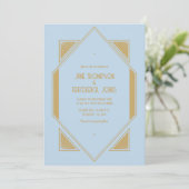 Powder Blue & Metallic Gold Art Deco Wedding Photo Einladung (Stehend Vorderseite)